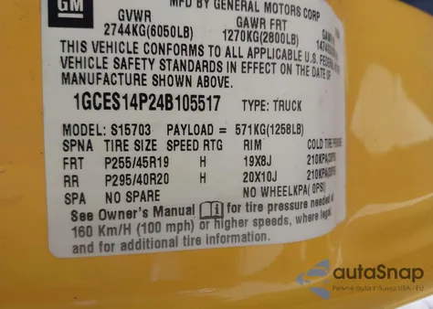 2004 Chevrolet Ssr из США, поврежденный, VIN 1GCES14P24B105517